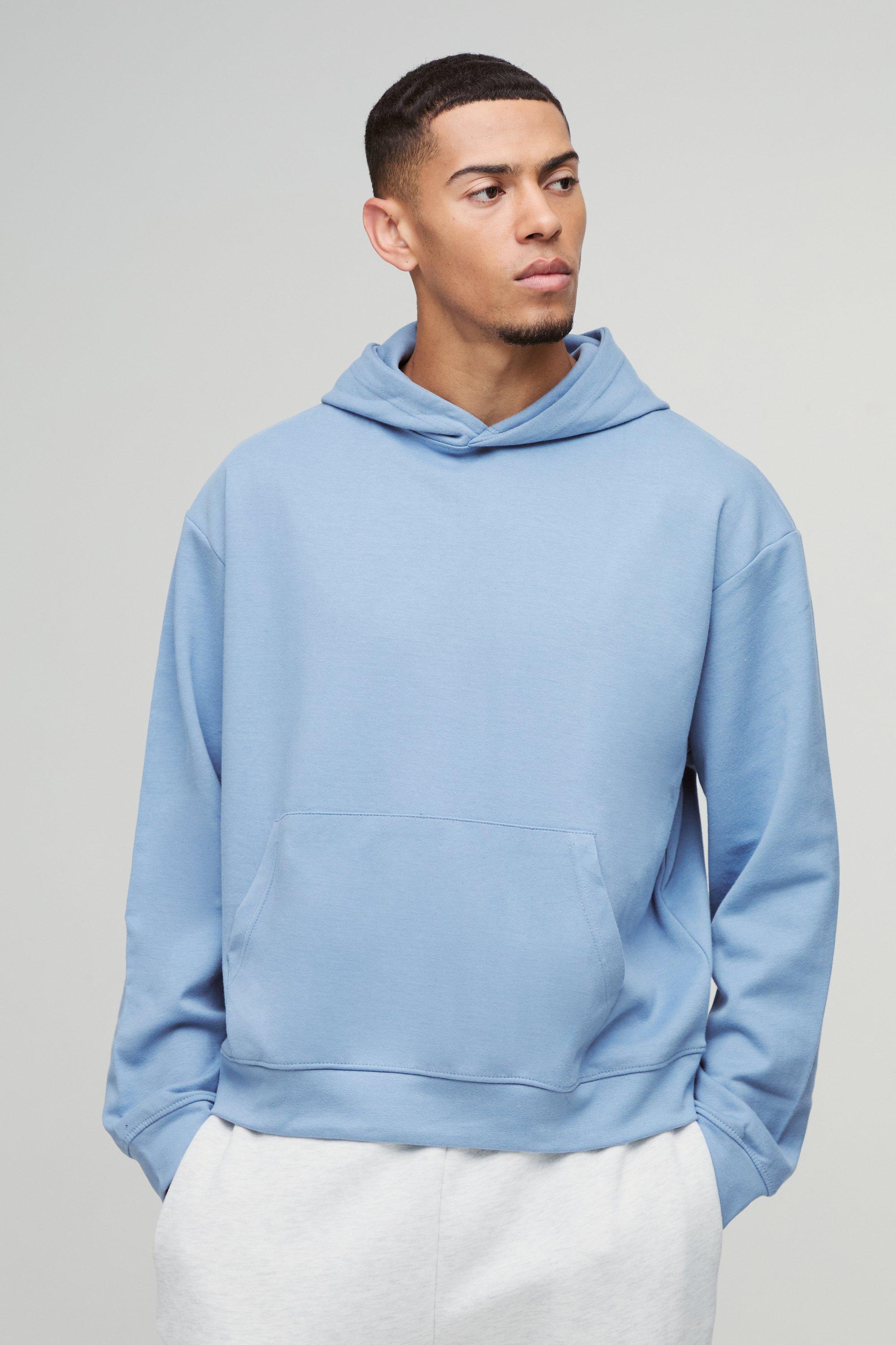 Mens Blue Oversized Boxy Heavyweight Interlock Hoodie, Blue